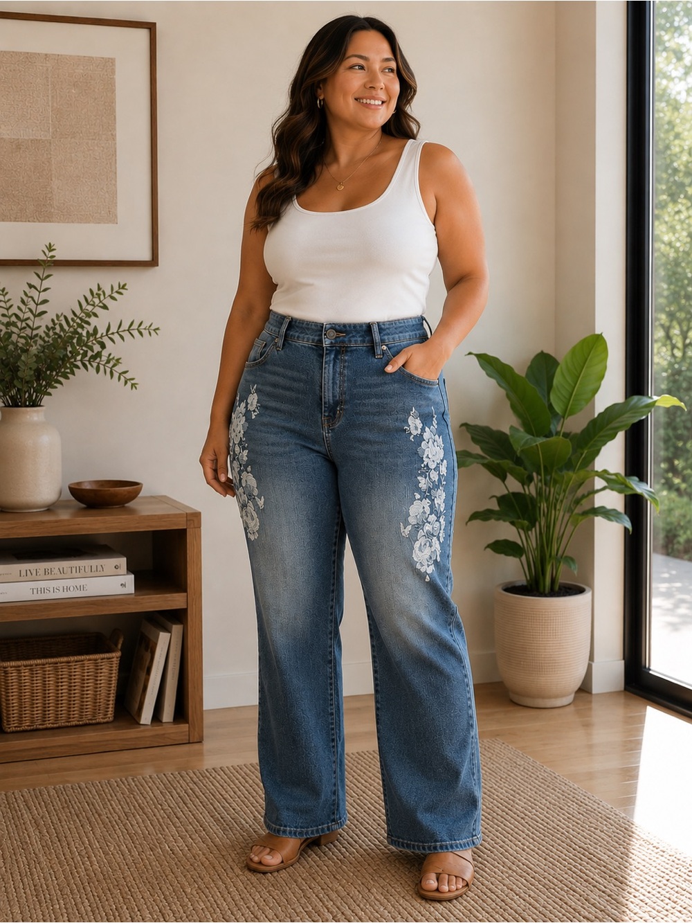 torrid Blue High-Rise Ankle Skinny Jeans with White Floral Embroidery